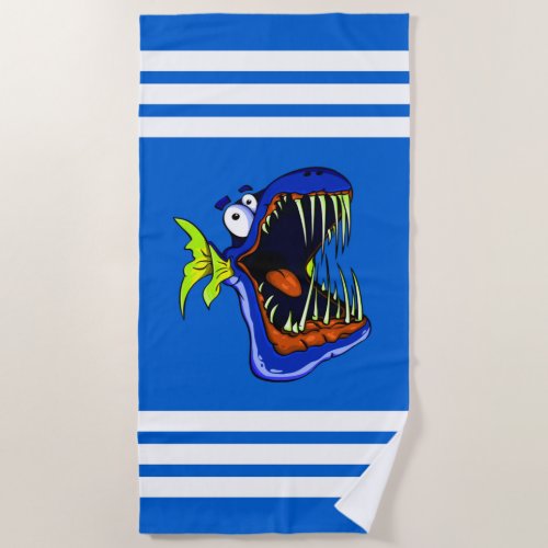 Blue Piranha Fish on Blue and White Striped Beach Towel