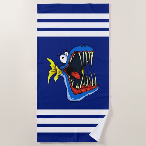 Blue Piranha Fish on Navy Blue and White Stripes Beach Towel