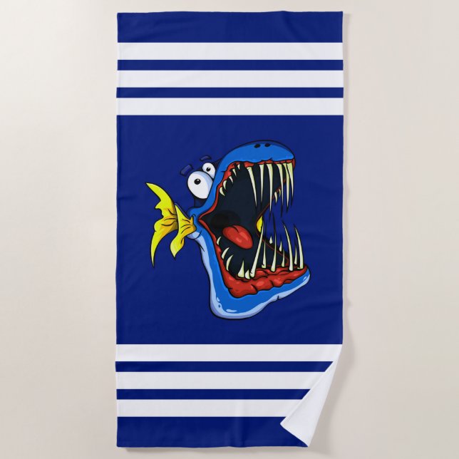 Blue Piranha Fish on Navy Blue and White Stripes Beach Towel (Front)