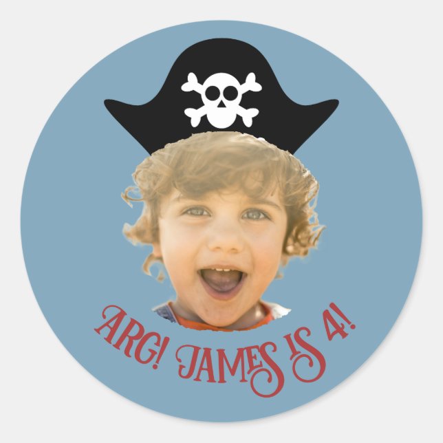 Blue Pirate Hat Photo Sticker with Name and Age (Front)