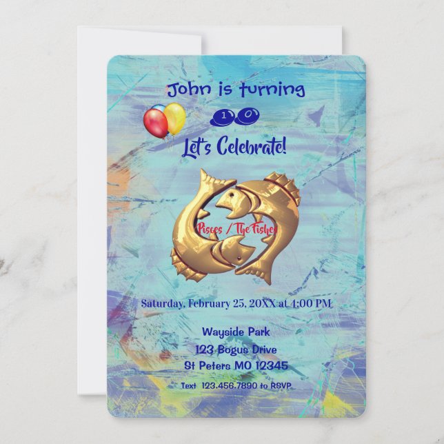 Blue Pisces Birthday (February 19 – March 20) Invitation (Front)