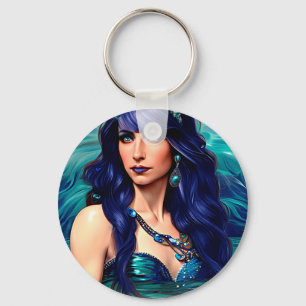 Blue Pisces Mermaid Queen Original Fantasy art Keychain