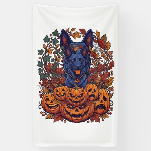 Blue Pitbull Halloween Pumpkins Autumn Leaves Bats Banner