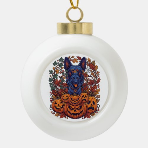 Blue Pitbull Halloween Pumpkins Autumn Leaves Bats Ceramic Ball Christmas Ornament