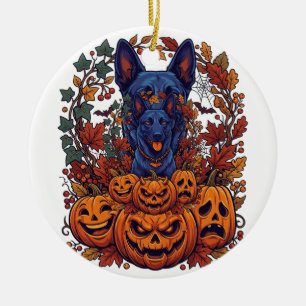 Blue Pitbull Halloween Pumpkins Autumn Leaves Bats Ceramic Ornament