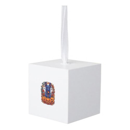 Blue Pitbull Halloween Pumpkins Autumn Leaves Bats Cube Ornament