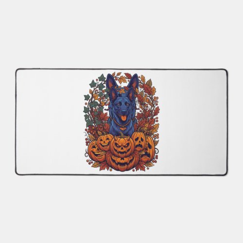 Blue Pitbull Halloween Pumpkins Autumn Leaves Bats Desk Mat