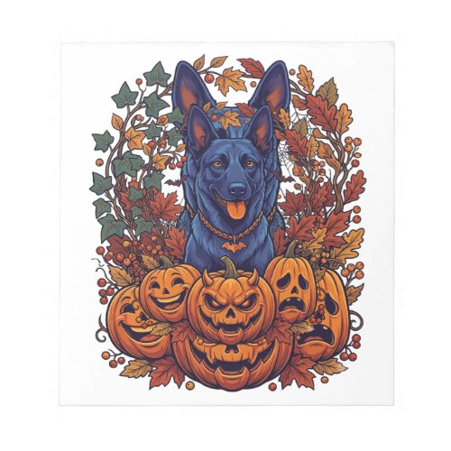 Blue Pitbull Halloween Pumpkins Autumn Leaves Bats Notepad