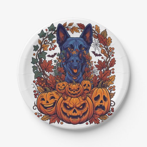 Blue Pitbull Halloween Pumpkins Autumn Leaves Bats Paper Plates