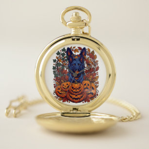 Blue Pitbull Halloween Pumpkins Autumn Leaves Bats Pocket Watch
