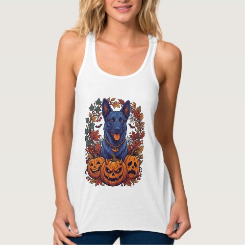 Blue Pitbull Halloween Pumpkins Autumn Leaves Bats Tank Top