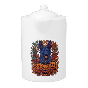Blue Pitbull Halloween Pumpkins Autumn Leaves Bats Teapot