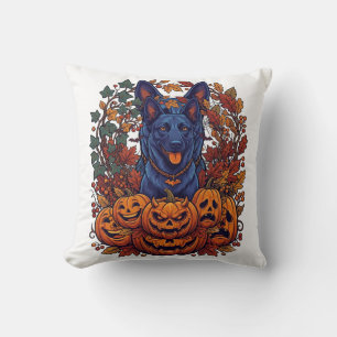 Blue Pitbull Halloween Pumpkins Autumn Leaves Bats Throw Pillow