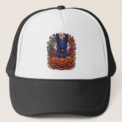 Blue Pitbull Halloween Pumpkins Autumn Leaves Bats Trucker Hat