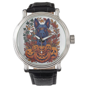 Blue Pitbull Halloween Pumpkins Autumn Leaves Bats Watch