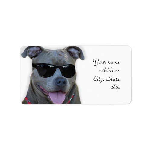 Blue pitbull with glasses label