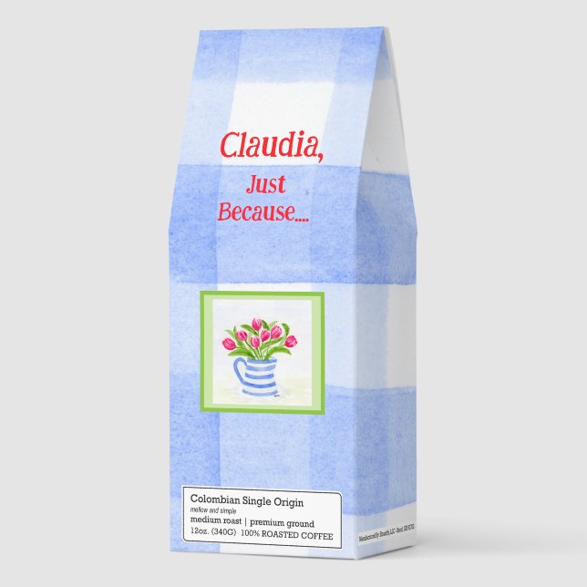 Blue Pitcher Tulips w Blue Check CUSTOMIZE  Roasted Coffee (Front)