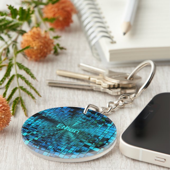 Blue Pixel Matrix Personalized Keychain (Front Right)