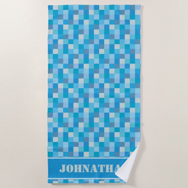 Blue Pixelated Pattern Gamer | Personalized Beach Towel (Front)