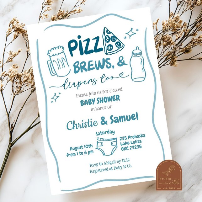 Blue Pizza, Brews and Diapers Co-Ed Baby Shower Invitation (Creator Uploaded)