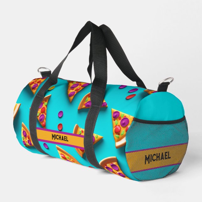 Blue pizza pattern funny name or own text   duffle bag (Right Corner)