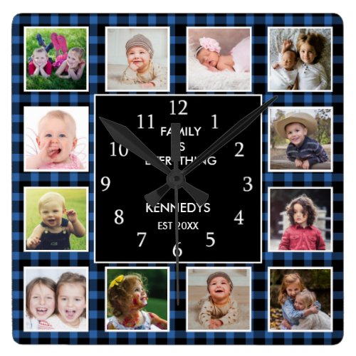Blue Plaid 12 Photo Collage Family Quote Christmas Square Wall Clock