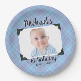 Blue Plaid 1st Birthday Photo With Name & Date Paper Plates