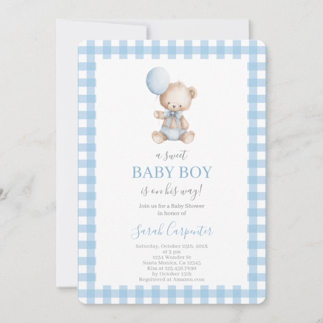 Blue plaid and Bear Baby Shower Boy Invitation (Front)