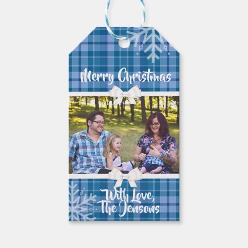 Blue Plaid and Bows Merry Christmas Personalized Gift Tags