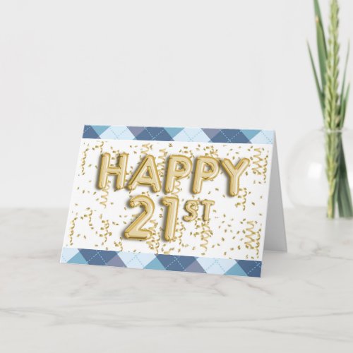 Blue Plaid and Gold Balloons Happy 21st Birthday Card