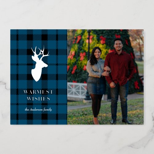 Blue Plaid and Silver Deer Foil Holiday Card