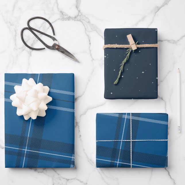 Blue plaid and stars classic wrapping paper sheets (Front)