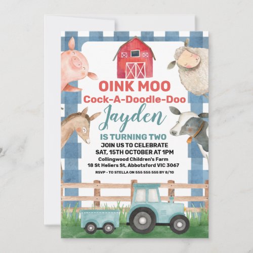 Blue Plaid And Tractor Farm Birthday Invitation