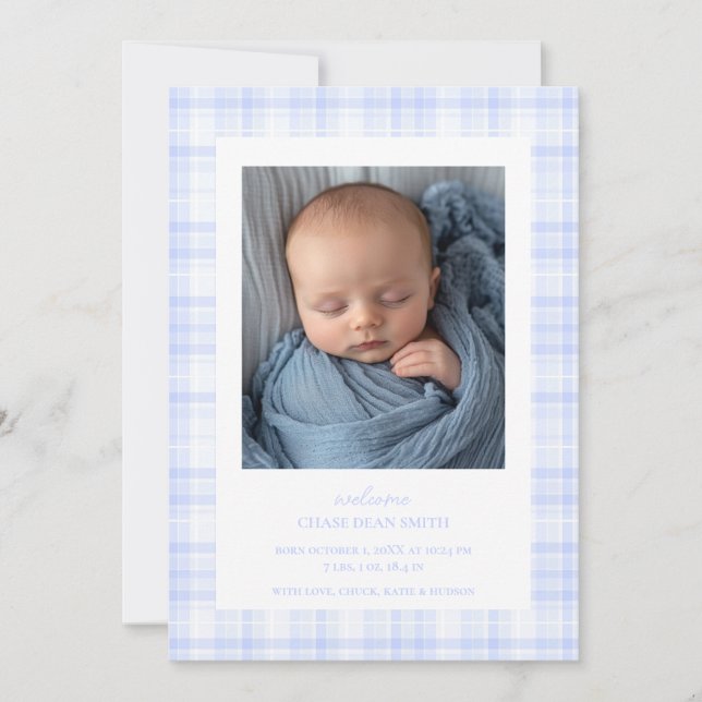 Blue Plaid Baby Announcement (Front)