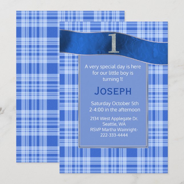 Blue Plaid Baby Boy First Birthday Invitation (Front/Back)