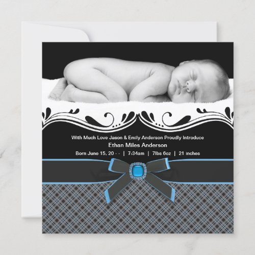 Blue Plaid Baby Boy Photo Birth Announcement