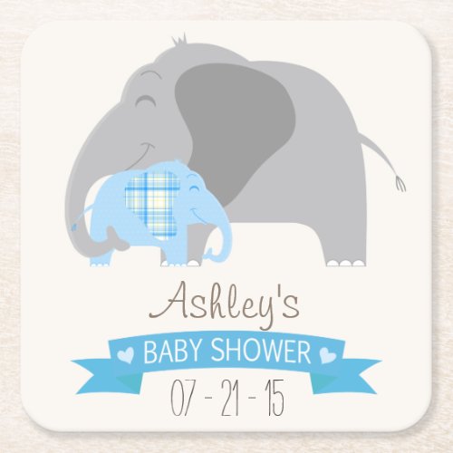 Blue Plaid Baby Elephant Baby Shower Square Paper Coaster