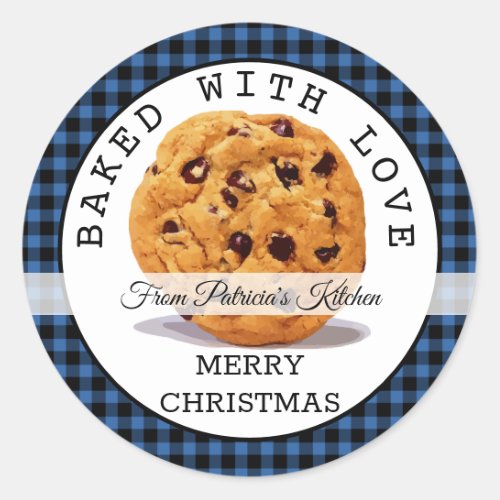 Blue Plaid Baked With Love Christmas Cookies Classic Round Sticker