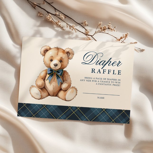 Blue Plaid Bear Baby Shower Diaper Raffle Enclosure Card (Creator Uploaded)