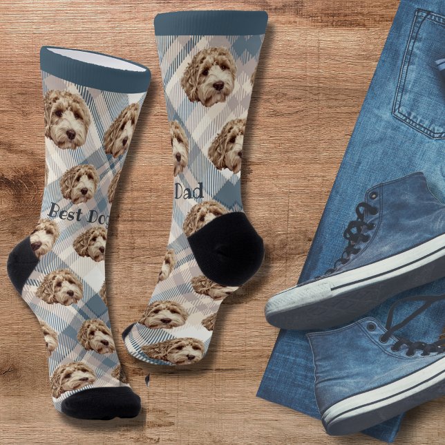 Blue Plaid Best Dog Dad Dog Photo Crew Socks (Best Dog Dad! What a cool Father's Day idea for dog dads! Personalize it with your dog and words. )