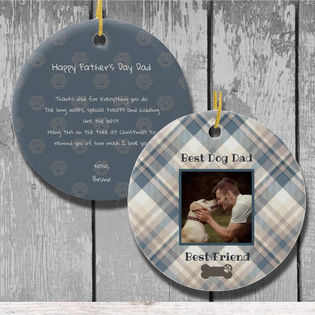 Blue Plaid Best Dog Dad Photo Father's Day Ceramic Ornament (A special ornament from the dog. Personalize with your favorite photo and name.  Happy Father's Day!)