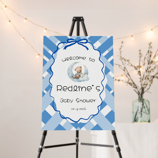 Blue Plaid Boy Baby shower bear Hand written Foam Board