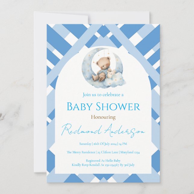 Blue Plaid Boy Baby shower bear Invitation (Front)