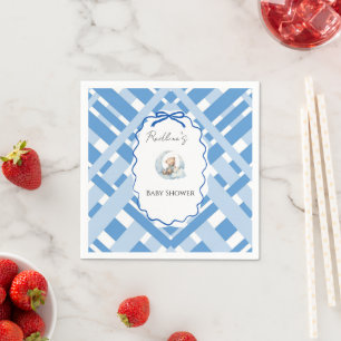 Blue Plaid Boy Baby shower bear ribbon Napkins