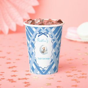 Blue Plaid Boy Baby shower bear ribbon Paper Cups