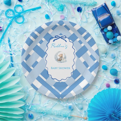 Blue Plaid Boy Baby shower bear ribbon Paper Plates