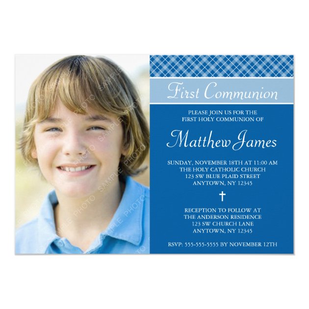 Blue Plaid Boy Photo First Holy Communion Card