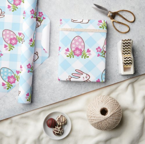 Blue Plaid Bunnies And Eggs  Wrapping Paper