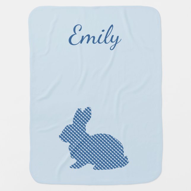 Blue Plaid Bunny Personalised  Baby Blanket (Front)