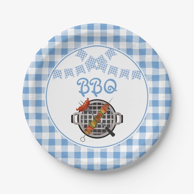 Blue Plaid Bunting Banner BBQ Party Paper Plates (Front)